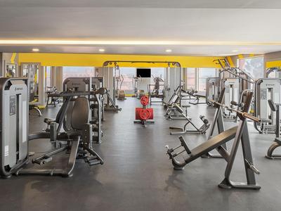 Moderner Fitnessraum mit verschiedenen Kraft- und Cardio-Geräten in einem hellen Raum.