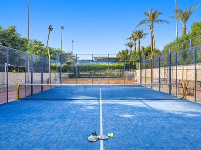 Ein blauer Padelplatz im Freien mit Palmen und klarem Himmel im Hintergrund.