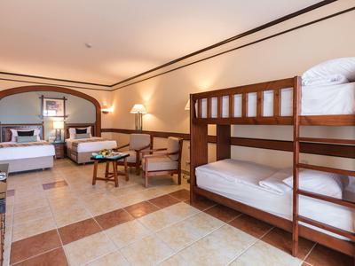 Camera d'hotel con letto a castello, due poltrone, tavolo e divano in toni caldi.