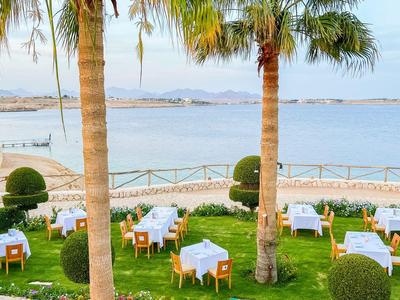 Strandrestaurant mit weißen Tischdecken zwischen Palmen und Blick aufs Meer.