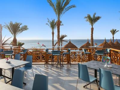 Terrasse eines Hotels mit blauem Mobiliar, Palmen und Blick auf das Meer bei klarem Himmel.