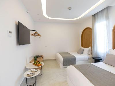 Hell eingerichtetes Hotelzimmer mit zwei Einzelbetten, Teppichen und modernem Fernseher an der Wand.