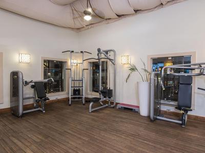 Modern gym with multiple exercise machines and wooden floor in a bright room.