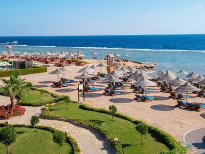 Resort de playa con sombrillas, tumbonas y áreas de jardín verdes junto al mar.