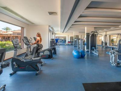 Moderner Fitnessraum mit Trainingsgeräten und Blick auf eine sonnige Terrasse.