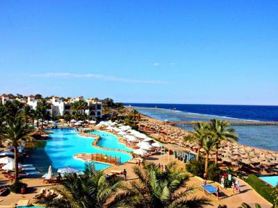 Luxuriöser Hotelpool mit Palmen und Strandliegestühlen am Meer unter klarem blauem Himmel.