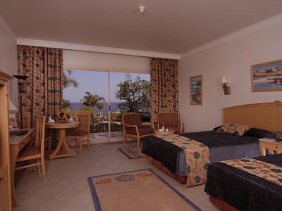 Zimmer mit zwei Einzelbetten, Fenster mit Blick auf grüne Bäume und Balkon, einfache Holzmöbel.