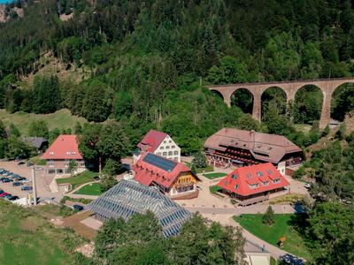 Blick auf ein Dorf mit roten Dächern und einem Viadukt in bewaldeter Berglandschaft