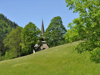 Kirche mit spitzem Turm hinter grünen Bäumen auf einer Wiese in bergiger Landschaft