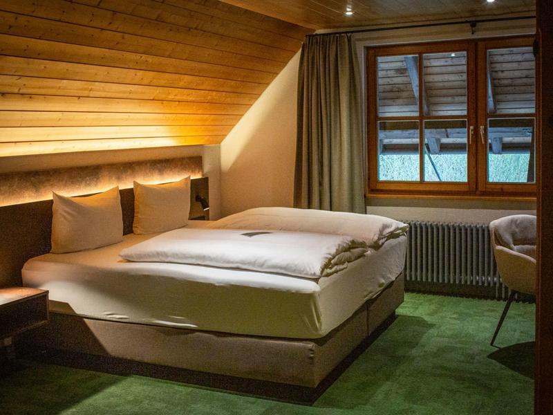 Gemütliches Hotelzimmer mit Holzwand, großem Bett und grünem Teppichboden.