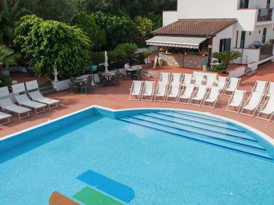 Pusty basen z białymi leżakami i budynkiem hotelu w tle.