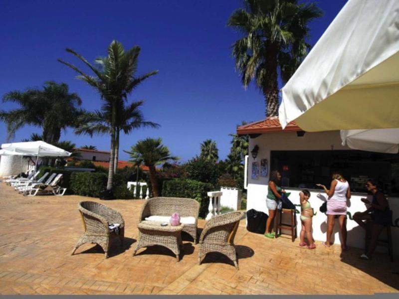 Terrasse ensoleillée avec mobilier en osier, palmiers et un groupe près du bar de l'hôtel.