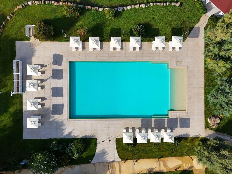 Piscina rettangolare con lettini e ombrelloni, circondata da prato e alberi.