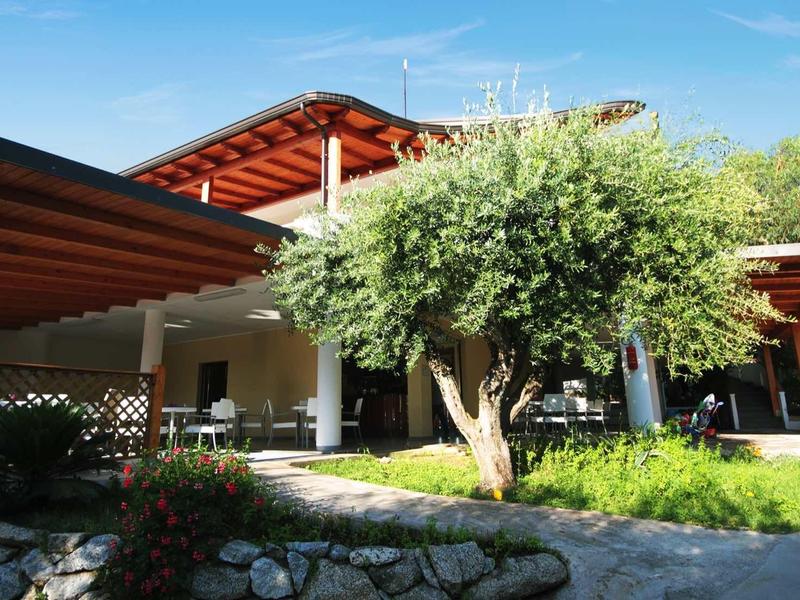 Espace extérieur moderne d'un hôtel avec grande terrasse et arbre ombrageant par temps ensoleillé.