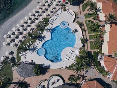 Vogelperspektive eines ovalen Hotelpools mit Liegestühlen und Palmen am Meer.