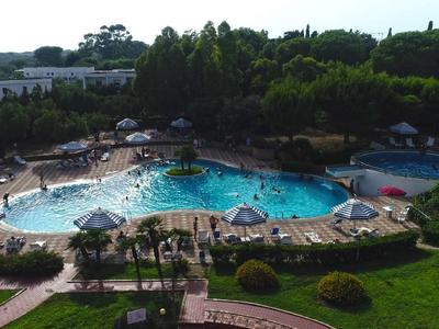 Large hotel pool with sun loungers and umbrellas in a green landscape.