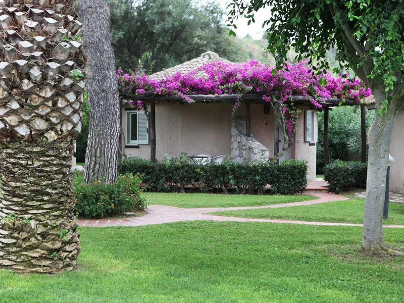 Kwitanące rośliny pokrywają taras przed bungalowem hotelowym z zadbaną trawą.