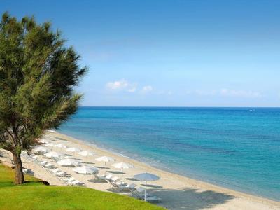 Una spiaggia sabbiosa tranquilla con ombrelloni e un albero sul bordo sotto un cielo sereno.
