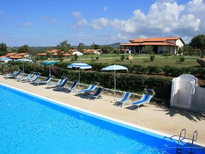 Langer blauer Pool mit Liegestühlen und Sonnenschirmen neben grüner Wiese und Häusern unter blauem Himmel.