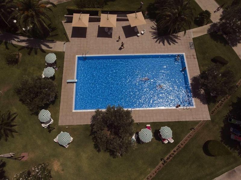 Rectangular pool with lounge chairs and umbrellas on a well-maintained lawn