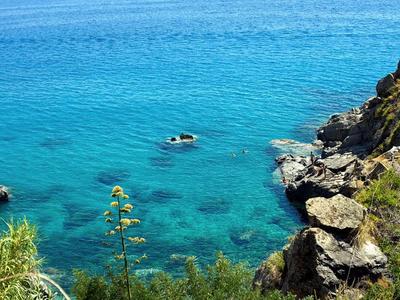 Przejrzysta niebieska woda z małą łodzią przy skalistym wybrzeżu i zielonej roślinności