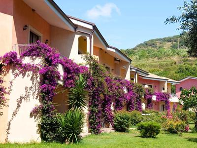 Reihenhäuser mit blühenden Bougainvillea-Pflanzen und grünem Garten bei sonnigem Wetter