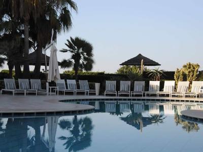 Poolbereich mit Liegestühlen und Palmen, ruhig und sonnig am Hotel