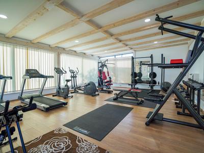 Heller Fitnessraum mit modernen Trainingsgeräten, Holzdecke und großen Fenstern mit Lichtvorhängen.