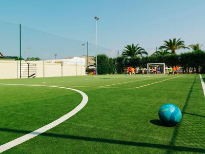 Zielone boisko do piłki nożnej z piłką na pierwszym planie i zawodnikami przy bramce w tle w słoneczny dzień.