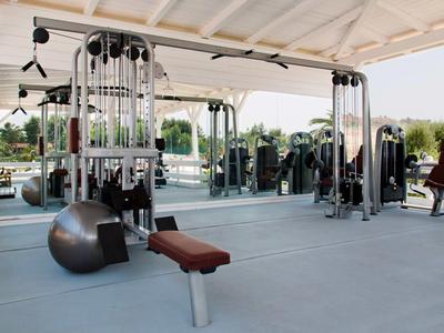 Nowoczesna siłownia na świeżym powietrzu z różnymi urządzeniami i widokiem na zieleń.