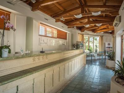 Petit train touristique bleu sur chemin pavé à côté d'un bâtiment blanc avec des palmiers.