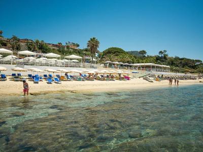 Plage avec transats, parasols et personnes au bord d'une eau claire par temps ensoleillé.