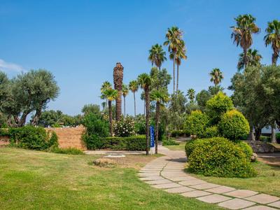 Jardin vert avec des palmiers, des buissons taillés et un chemin pavé sous un ciel clair.