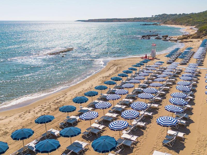 Plage avec des rangées de parasols bleus et blancs et de chaises longues au bord de la mer.