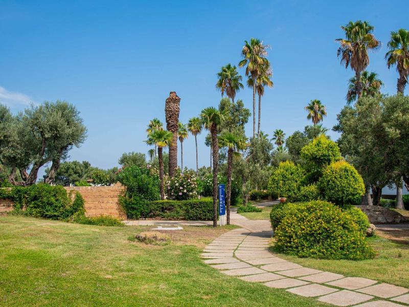 Jardin vert avec des palmiers, des buissons taillés et un chemin pavé sous un ciel clair.