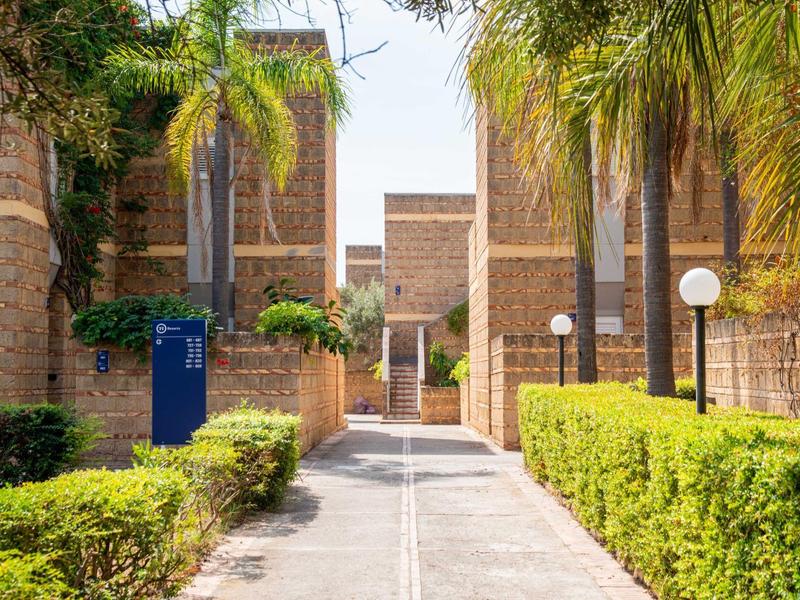 Chemin entre bâtiments avec plantes et palmiers sous un ciel ensoleillé, cadre hôtelier.
