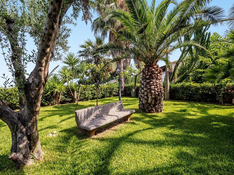 Jardin verdoyant avec un hamac entre deux arbres sous un ciel clair.