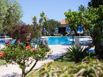 Widok na basen na świeżym powietrzu z kwitnącymi roślinami i miejscami do siedzenia w ogrodzie hotelowym.