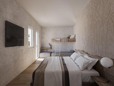 Chambre lumineuse avec lit double, lits superposés et télévision murale au style moderne.