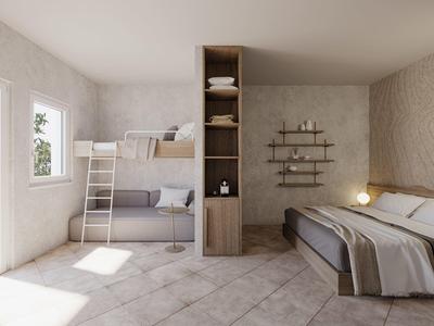Chambre lumineuse avec lits superposés, lit double, étagère en bois et mur en béton moderne.