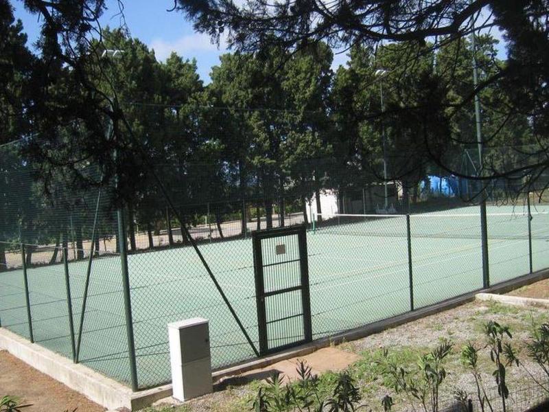 Un terrain de tennis en plein air entouré d'une clôture en grillage et de arbres.