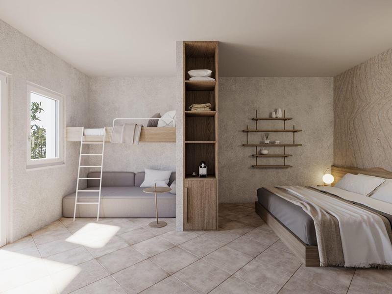 Chambre lumineuse avec lits superposés, lit double, étagère en bois et mur en béton moderne.