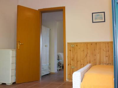 Ein Zimmer mit offener Holztür, orangefarbener Wand und Bett, weiße Kommode, Holzverkleidung.
