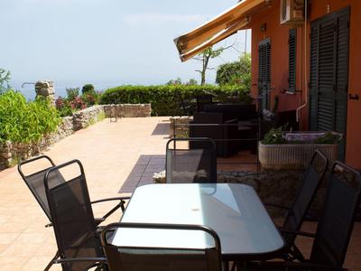 Terrassenbereich mit weißen Tisch, schwarzen Stühlen und bepflanzten Beeten an oranger Wand.