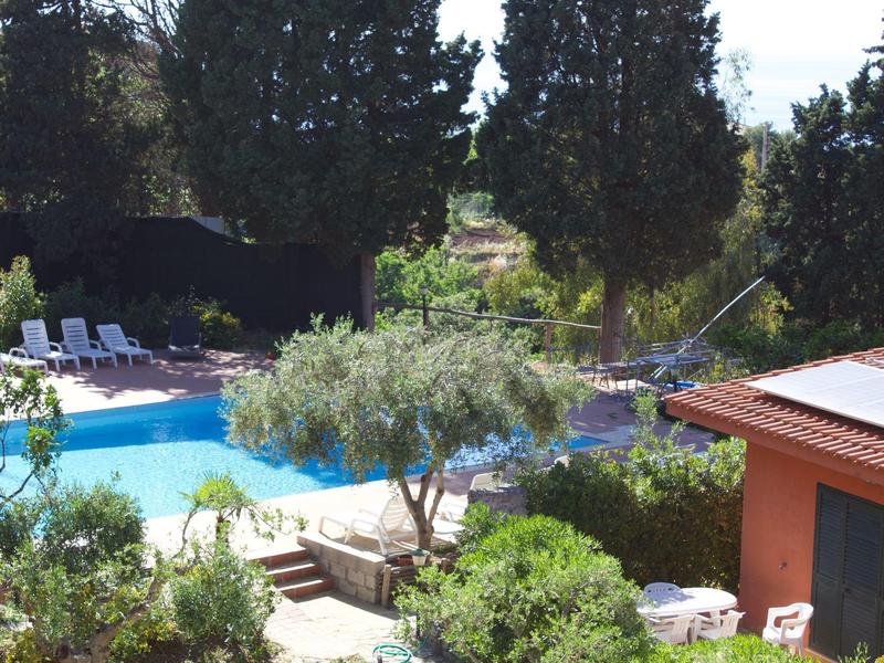 Garten mit grünem Bewuchs, Pool mit blauen Wasser und braunem Holzhaus im sonnigen Licht.