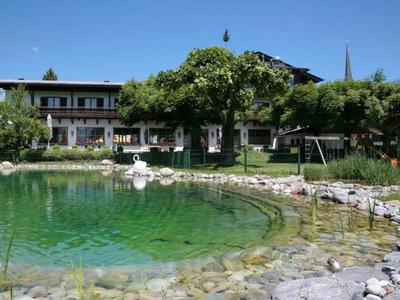 Haus mit großem Baum, Teich mit klarem Wasser und Felsen im Vordergrund, blauer Himmel.