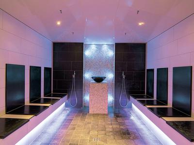 Nowoczesna strefa spa z symetrią, miękkim oświetleniem i centralną misą z wodą.