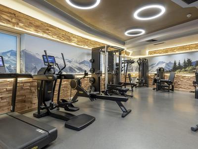 Moderner Fitnessraum mit Trainingsgeräten und großen Panorama-Fenstern mit Bergblick.