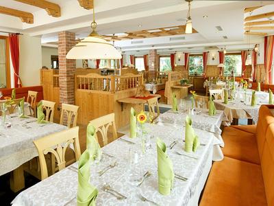 Světle osvětlená restaurace s prostřenými stoly, zelenými ubrousky a rustikálním dřevěným nábytkem.