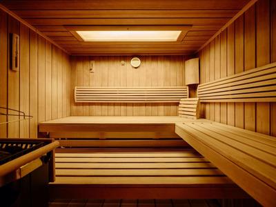 Wnętrze drewnianej sauny z ławkami i piecem do sauny.